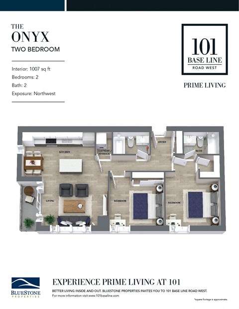 Floor plan for 2 beds, 2 baths, 1007 sqft
